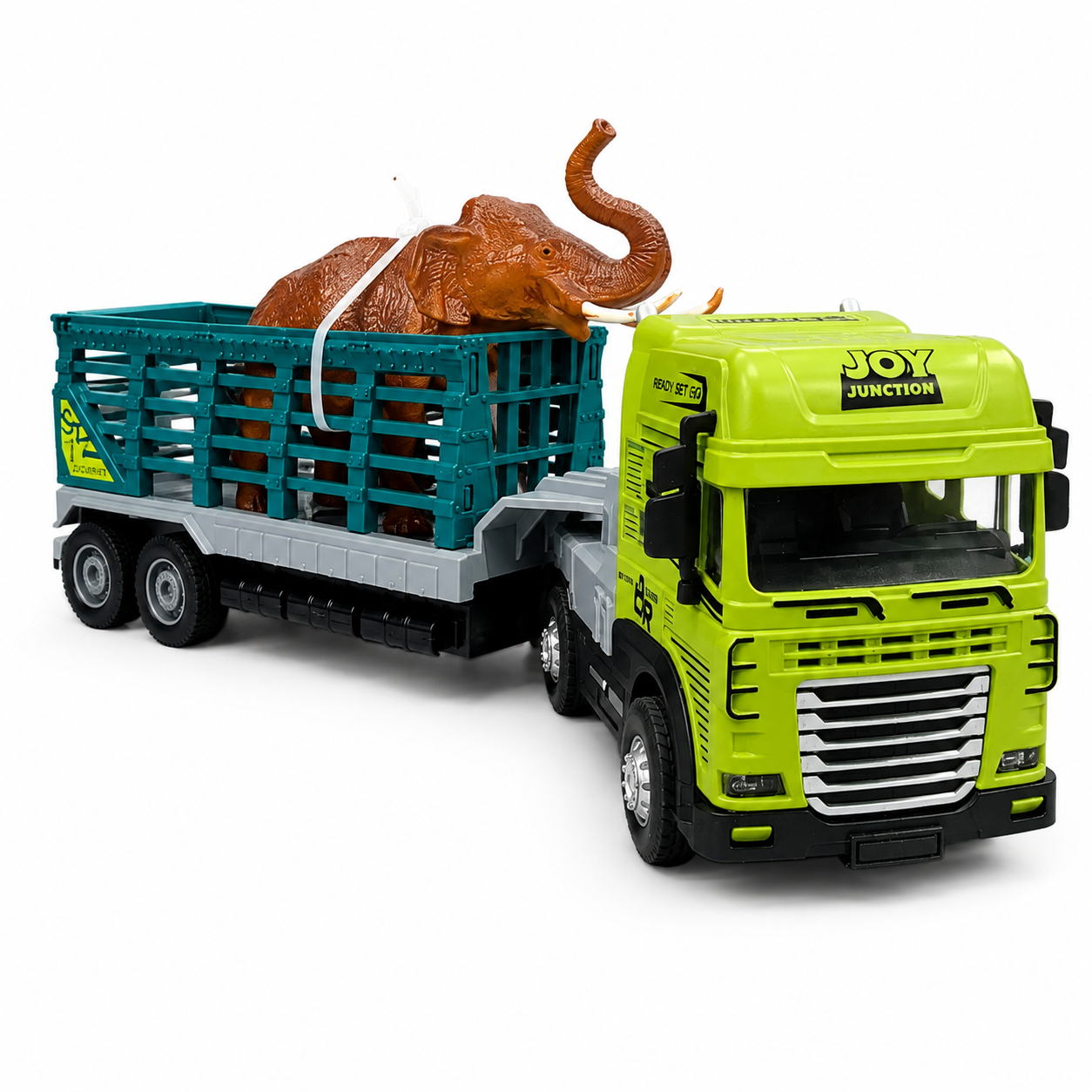 Joy Junction 1:24 Scale Animal Trailer Toy Truck with Elephant | Die-Cast Metal Cab Head, Light & Sound, Friction Powered Heavy Duty Transport Truck for Kids