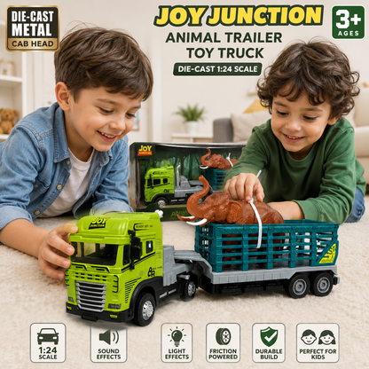 Joy Junction 1:24 Scale Animal Trailer Toy Truck with Elephant | Die-Cast Metal Cab Head, Light & Sound, Friction Powered Heavy Duty Transport Truck for Kids
