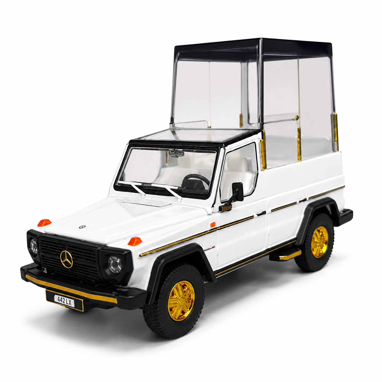 W461 Pope Edition 1:64 Scale Premium Diecast Mercedes-Benz G-Class Popemobile Model Car | Highly Detailed Collectible Miniature Display Vehicle with Transparent Display Cabin, Gold Accent Wheels, Luxury Collector Gift Box & Showcase Packaging