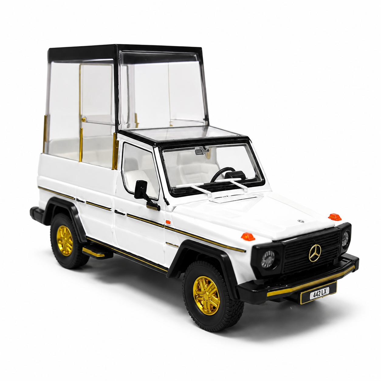 W461 Pope Edition 1:64 Scale Premium Diecast Mercedes-Benz G-Class Popemobile Model Car | Highly Detailed Collectible Miniature Display Vehicle with Transparent Display Cabin, Gold Accent Wheels, Luxury Collector Gift Box & Showcase Packaging
