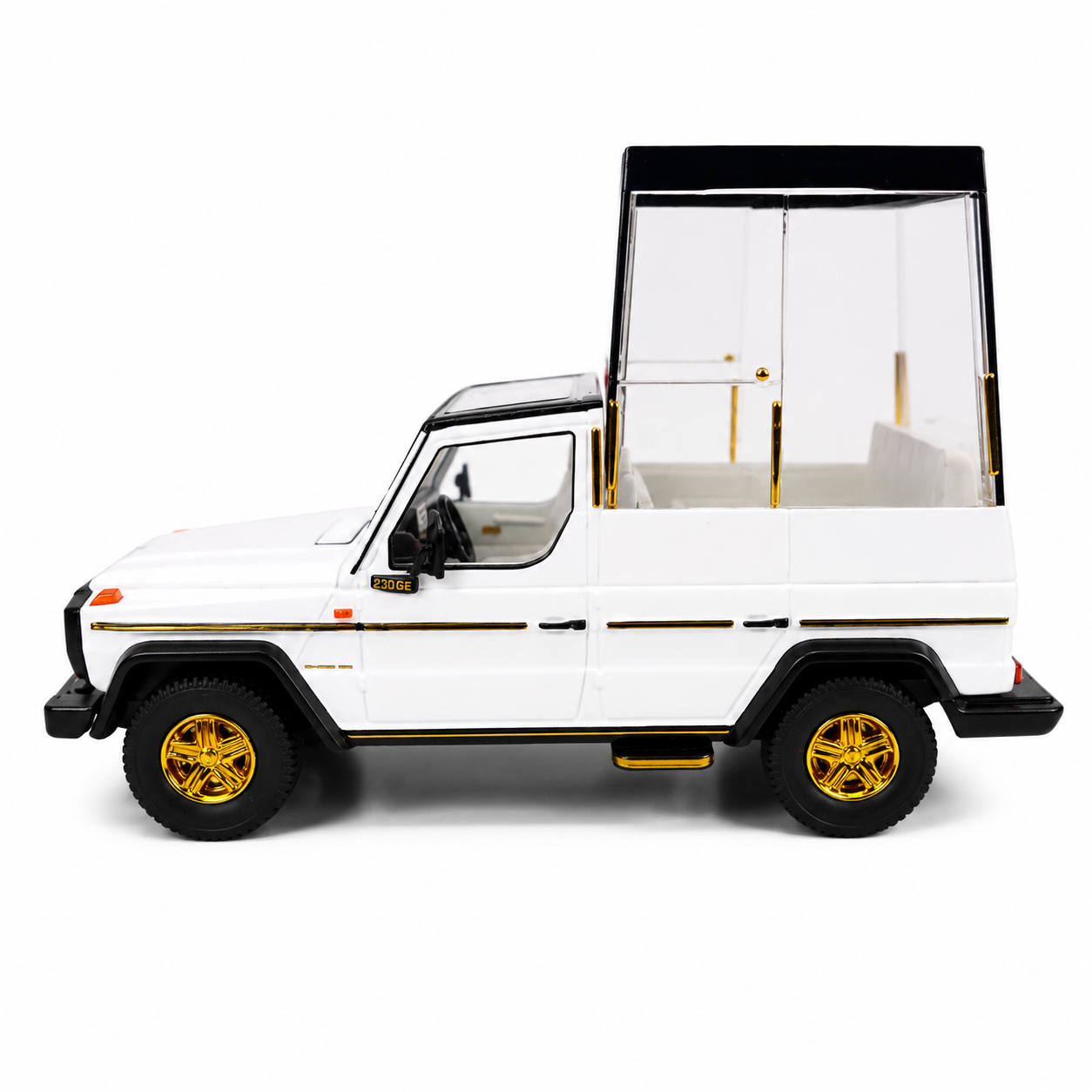 W461 Pope Edition 1:64 Scale Premium Diecast Mercedes-Benz G-Class Popemobile Model Car | Highly Detailed Collectible Miniature Display Vehicle with Transparent Display Cabin, Gold Accent Wheels, Luxury Collector Gift Box & Showcase Packaging