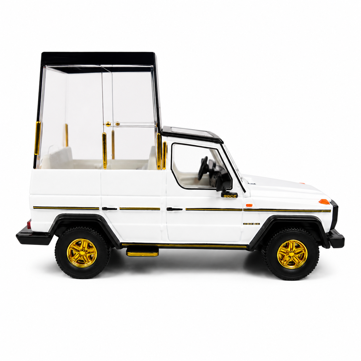 W461 Pope Edition 1:64 Scale Premium Diecast Mercedes-Benz G-Class Popemobile Model Car | Highly Detailed Collectible Miniature Display Vehicle with Transparent Display Cabin, Gold Accent Wheels, Luxury Collector Gift Box & Showcase Packaging
