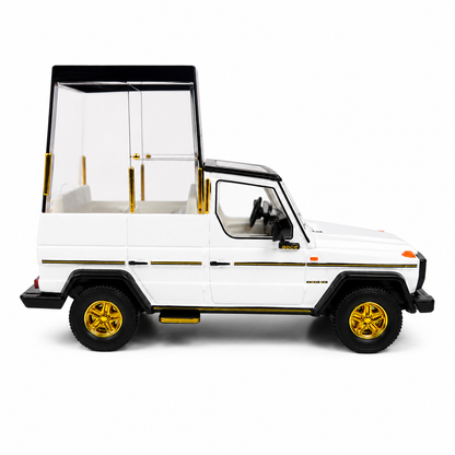 W461 Pope Edition 1:64 Scale Premium Diecast Mercedes-Benz G-Class Popemobile Model Car | Highly Detailed Collectible Miniature Display Vehicle with Transparent Display Cabin, Gold Accent Wheels, Luxury Collector Gift Box & Showcase Packaging