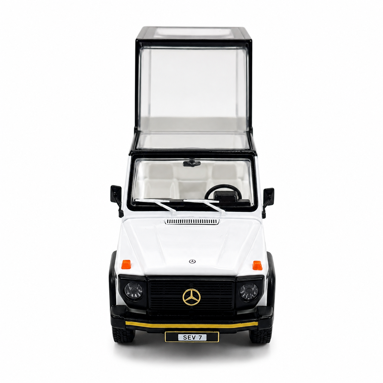 W461 Pope Edition 1:64 Scale Premium Diecast Mercedes-Benz G-Class Popemobile Model Car | Highly Detailed Collectible Miniature Display Vehicle with Transparent Display Cabin, Gold Accent Wheels, Luxury Collector Gift Box & Showcase Packaging