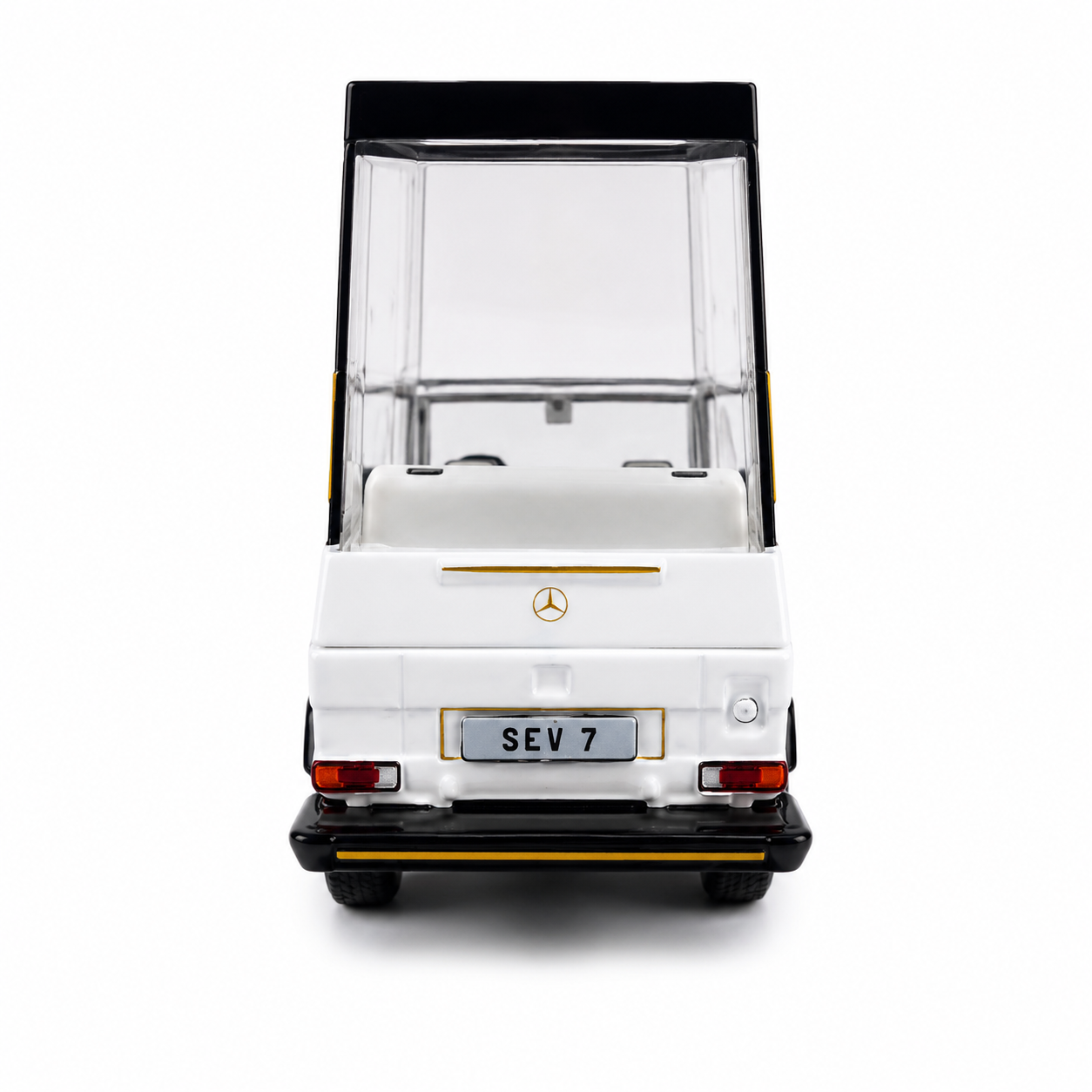W461 Pope Edition 1:64 Scale Premium Diecast Mercedes-Benz G-Class Popemobile Model Car | Highly Detailed Collectible Miniature Display Vehicle with Transparent Display Cabin, Gold Accent Wheels, Luxury Collector Gift Box & Showcase Packaging