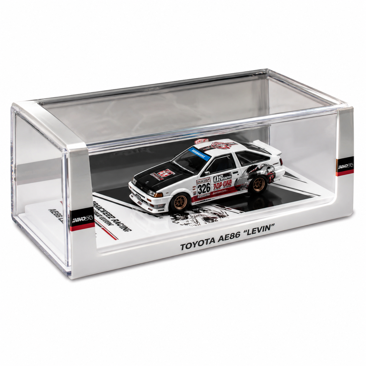 INNO64 Toyota Corolla AE86 Levin "Trackerz Racing" 1:64 Scale Die-Cast Model Car | Premium Metal JDM Collector Replica with Racing Livery, Detailed Interior, Realistic Wheels, Acrylic Display Case & Collector Box | White