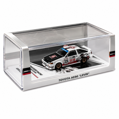 INNO64 Toyota Corolla AE86 Levin "Trackerz Racing" 1:64 Scale Die-Cast Model Car | Premium Metal JDM Collector Replica with Racing Livery, Detailed Interior, Realistic Wheels, Acrylic Display Case & Collector Box | White
