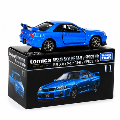 Tomica Premium No. 11 Nissan Skyline GT-R V-Spec II Nür Die-Cast Model Car | Takara Tomy Premium Metal JDM Collector Replica with Detailed Interior, Realistic Wheels & Collector Box | Bayside Blue