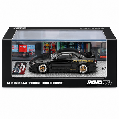 INNO64 Nissan GT-R (BCNR33) Pandem Rocket Bunny 1:64 Scale Die-Cast Model Car | Premium Collector Display Replica with Widebody Aero Kit, Gold Wheels, Detailed Interior, Acrylic Display Case | Black