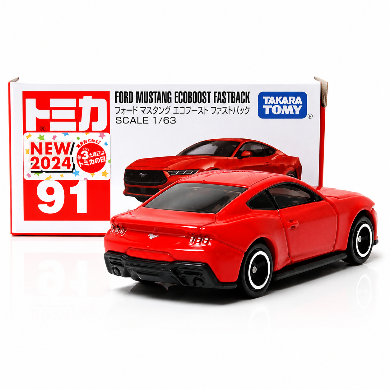 Takara Tomy Tomica No. 91 Ford Mustang EcoBoost Fastback 1:63 Scale Die-Cast Model Car | Premium Metal Collectible Miniature with Detailed Exterior, Rolling Wheels & Collector Box | Red