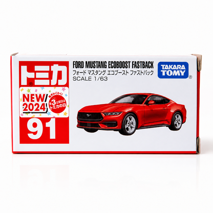 Takara Tomy Tomica No. 91 Ford Mustang EcoBoost Fastback 1:63 Scale Die-Cast Model Car | Premium Metal Collectible Miniature with Detailed Exterior, Rolling Wheels & Collector Box | Red