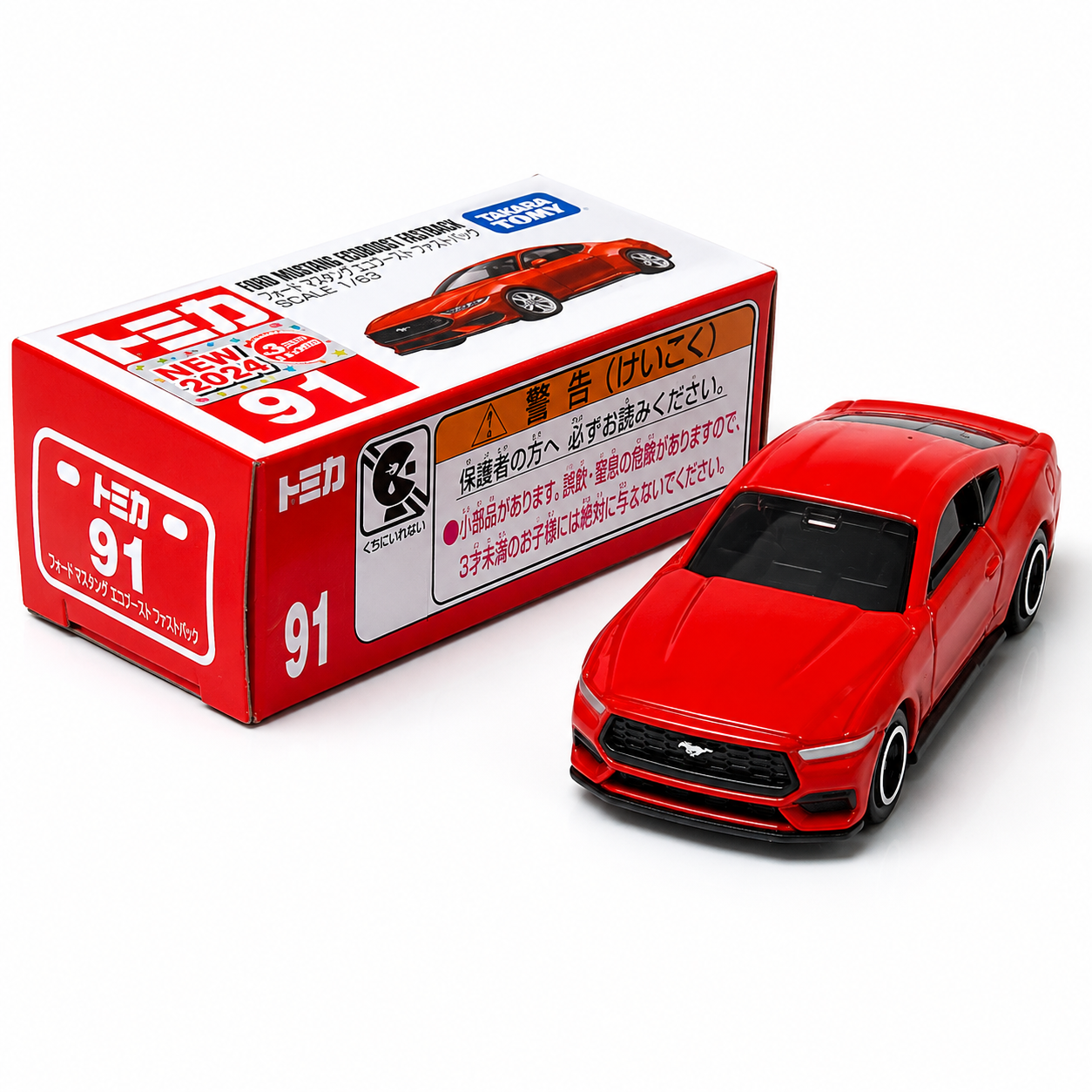 Takara Tomy Tomica No. 91 Ford Mustang EcoBoost Fastback 1:63 Scale Die-Cast Model Car | Premium Metal Collectible Miniature with Detailed Exterior, Rolling Wheels & Collector Box | Red
