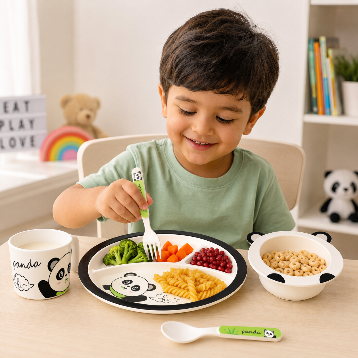 Bamboo Fibre Kids 5-Piece Panda Dinner Set with Plate, Bowl, Cup, Spoon & Fork | Cute Cartoon Feeding Tableware Set for Boys & Girls | Lightweight Reusable Kids Meal Set for Breakfast, Lunch & Dinner