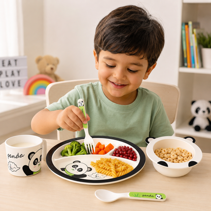 Bamboo Fibre Kids 5-Piece Panda Dinner Set with Plate, Bowl, Cup, Spoon & Fork | Cute Cartoon Feeding Tableware Set for Boys & Girls | Lightweight Reusable Kids Meal Set for Breakfast, Lunch & Dinner