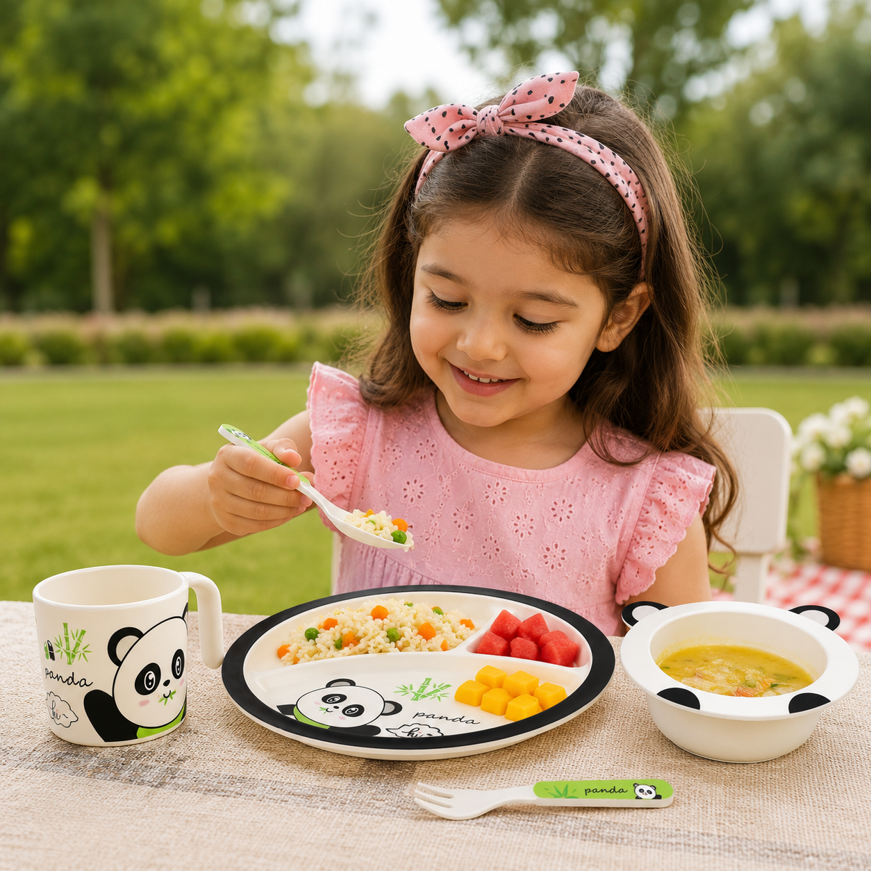 Bamboo Fibre Kids 5-Piece Panda Dinner Set with Plate, Bowl, Cup, Spoon & Fork | Cute Cartoon Feeding Tableware Set for Boys & Girls | Lightweight Reusable Kids Meal Set for Breakfast, Lunch & Dinner