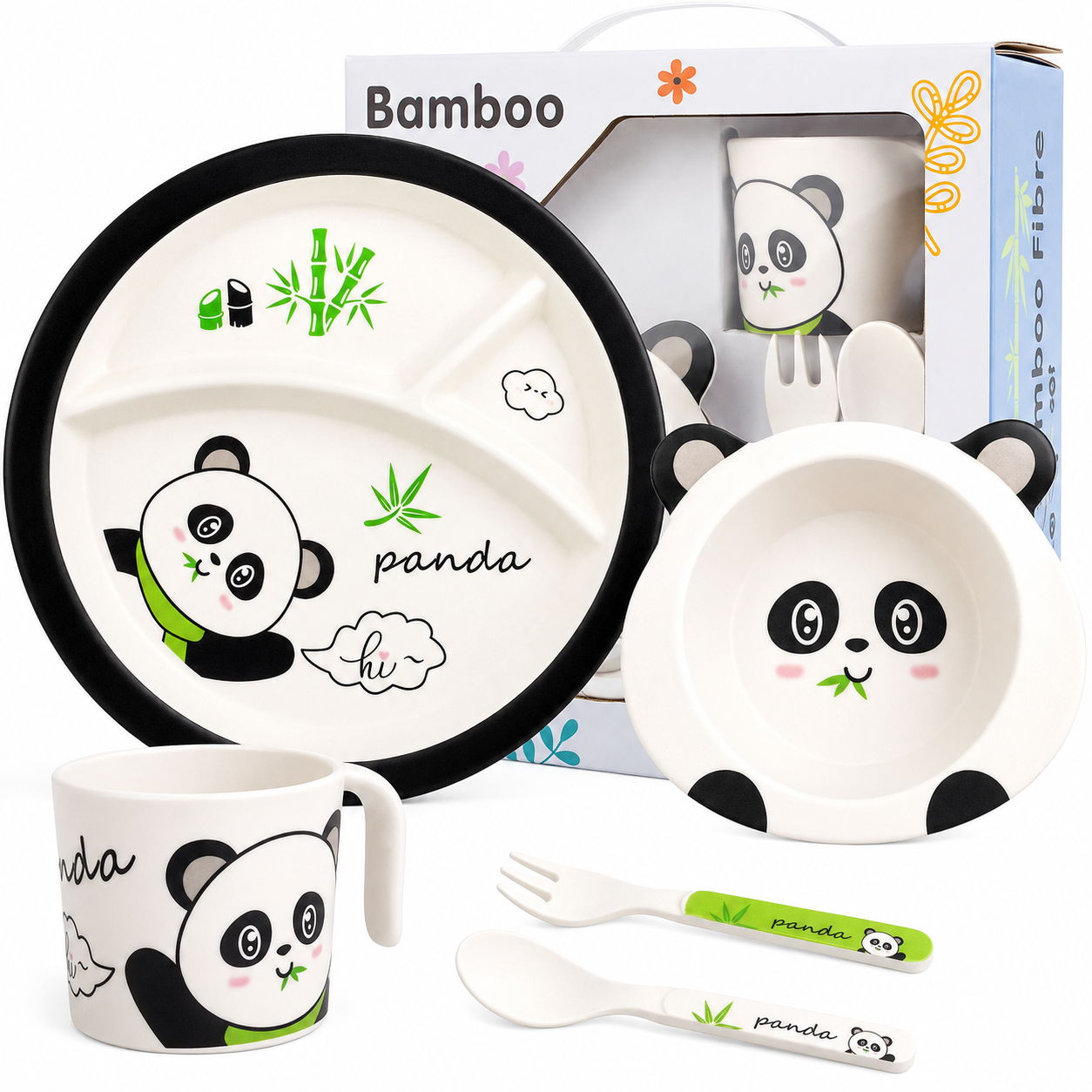 Bamboo Fibre Kids 5-Piece Panda Dinner Set with Plate, Bowl, Cup, Spoon & Fork | Cute Cartoon Feeding Tableware Set for Boys & Girls | Lightweight Reusable Kids Meal Set for Breakfast, Lunch & Dinner