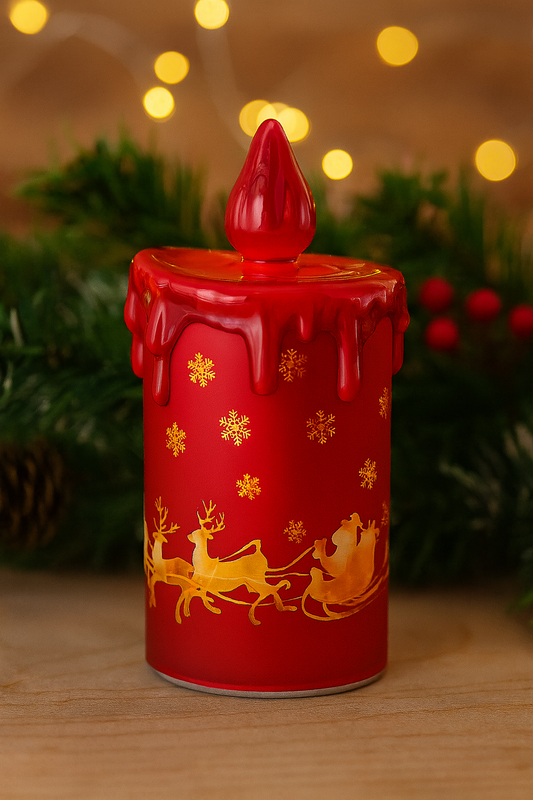 LED Christmas Candle Lamp | Festive Red Decorative Light with Santa Sleigh Design – Colours As Per Availability