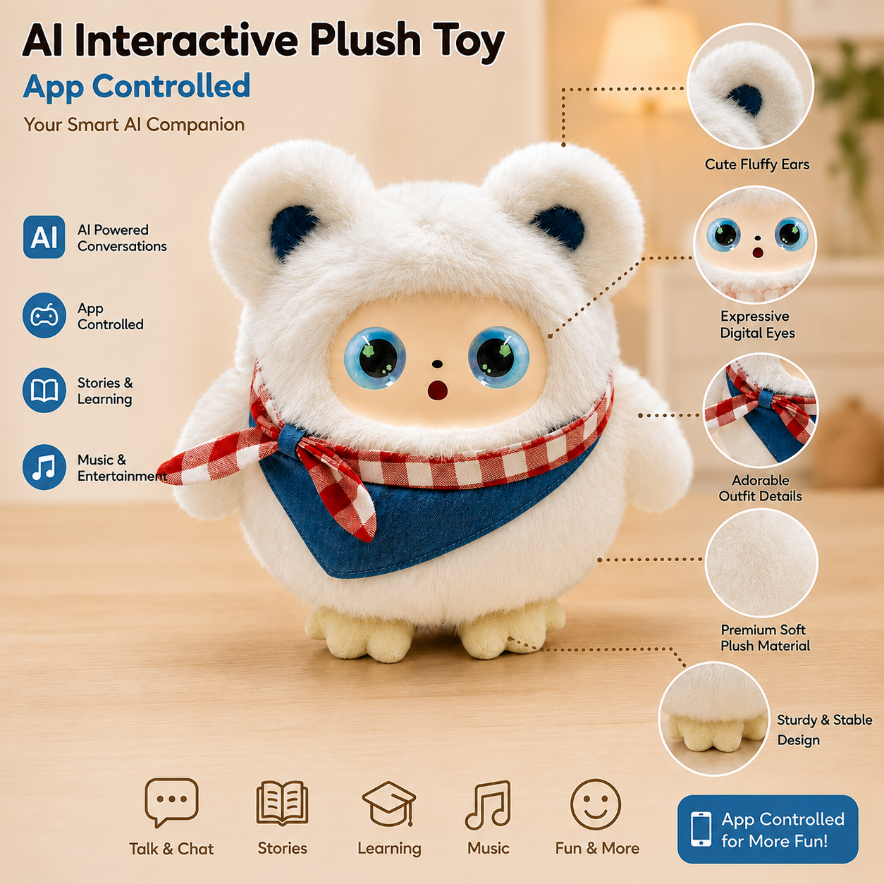 AI Interactive Talking Plush Toy with LED Eyes | Smart App-Controlled Educational Plush Companion for Kids