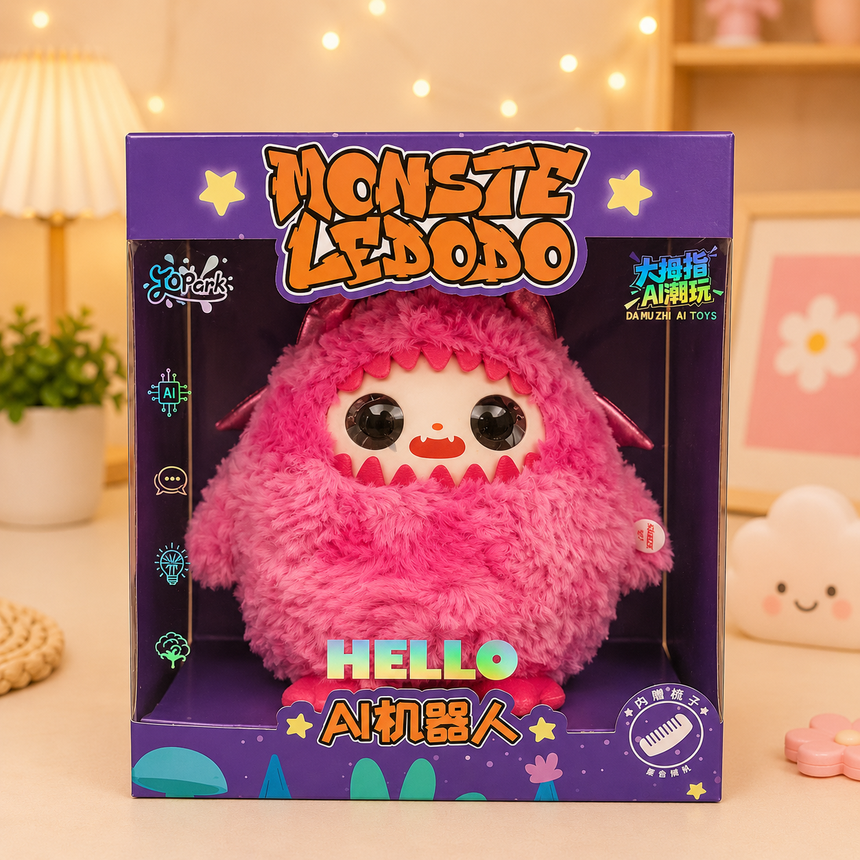 Monster Ledodo AI Interactive Plush Toy | Smart Talking Companion with LED Eyes | App-Controlled AI Plush | Pink Monster