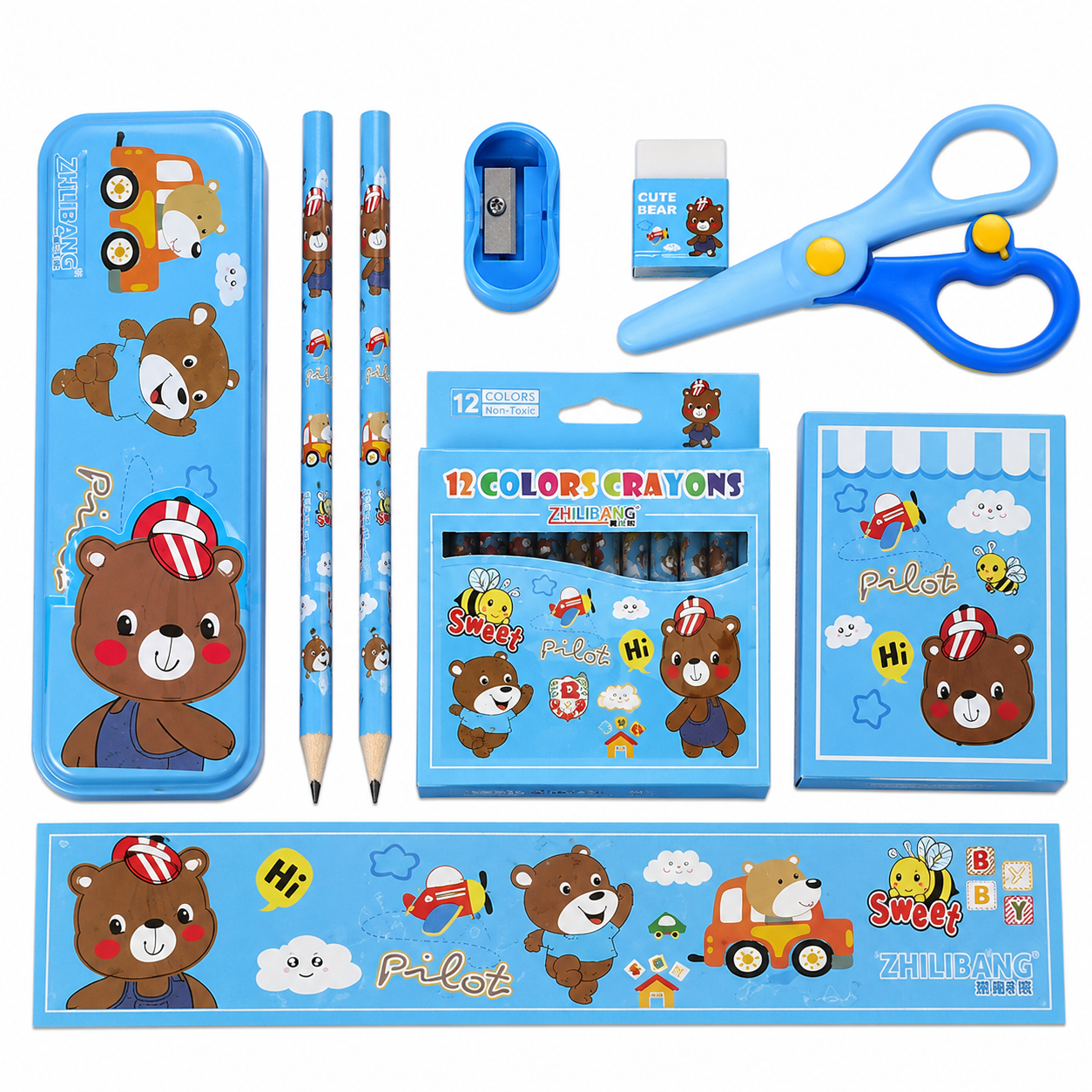 Kids Stationery Gift Set with Drawing Book, Pencil Case, Crayons, Scissors & Writing Supplies | School Essentials Kit for Boys & Girls | Portable PVC Carry Bag | Animal Theme