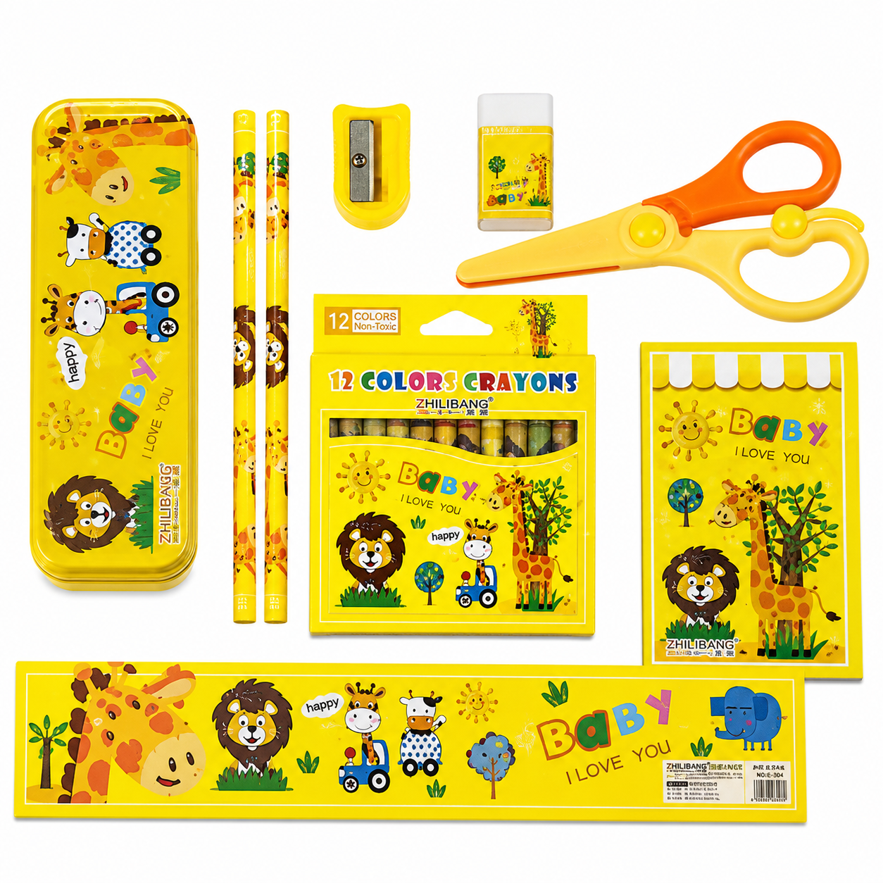 Kids Stationery Gift Set with Drawing Book, Pencil Case, Crayons, Scissors & Writing Supplies | School Essentials Kit for Boys & Girls | Portable PVC Carry Bag | Animal Theme