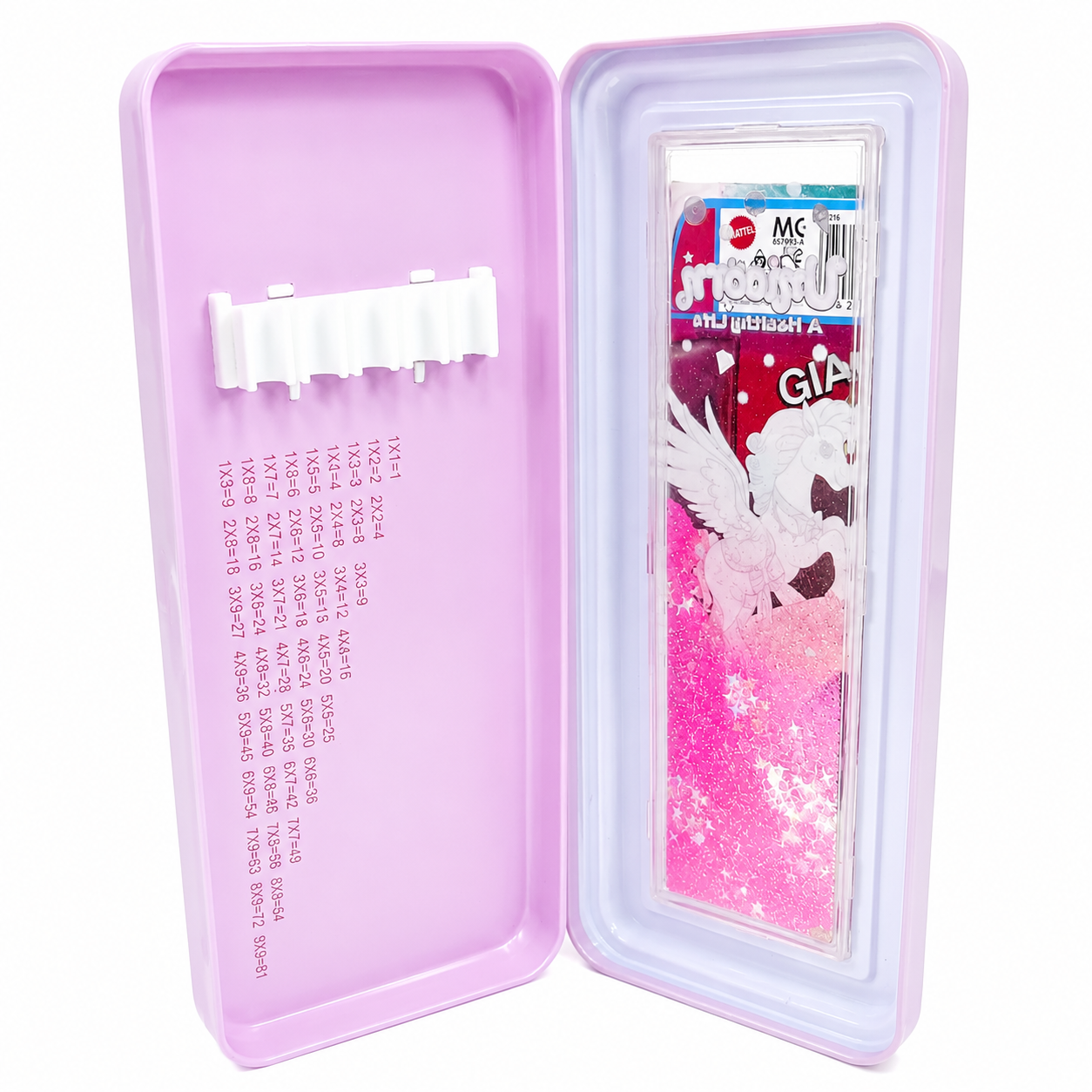 Unicorn Glitter Liquid Pencil Box for Girls | Hard Plastic Pencil Case with Floating Glitter Window | Multiplication Table, Pen & Pencil Organizer for School