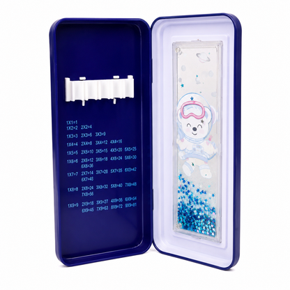 Space Travel Astronaut Glitter Liquid Pencil Box for Kids | Hard Plastic Pencil Case with Floating Glitter Window | Pen & Pencil Organizer for School