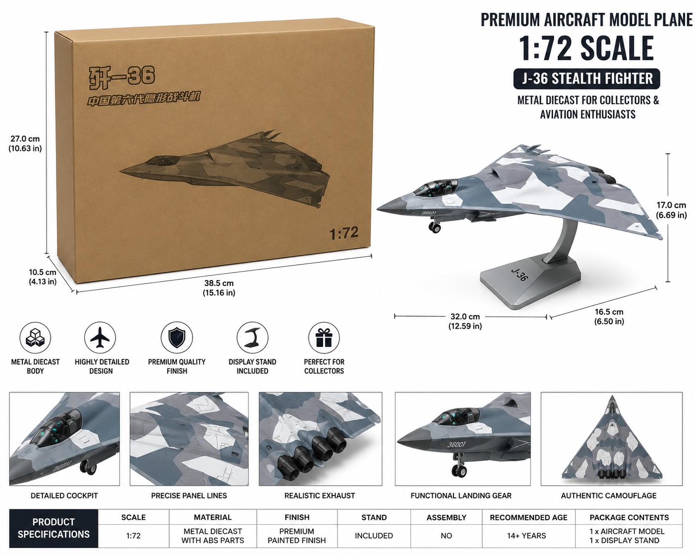 Premium Aircraft Model Plane 1:72 Scale – J-36 Stealth Fighter Metal Diecast for Collectors & Aviation Enthusiasts