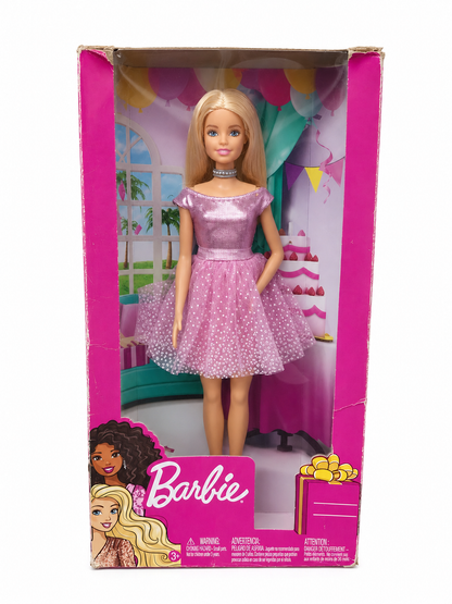 (Creased Box) Barbie Happy Birthday Fashion Doll with Pink Glitter Dress & Gift Accessory (11.5 Inches)  | Mattel Barbie Doll | BGX