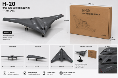 Premium 1:300 Scale H-20 Stealth Bomber Aircraft Diecast Model with Display Stand | Military Aircraft Collectible Display Model for Home & Office Decor