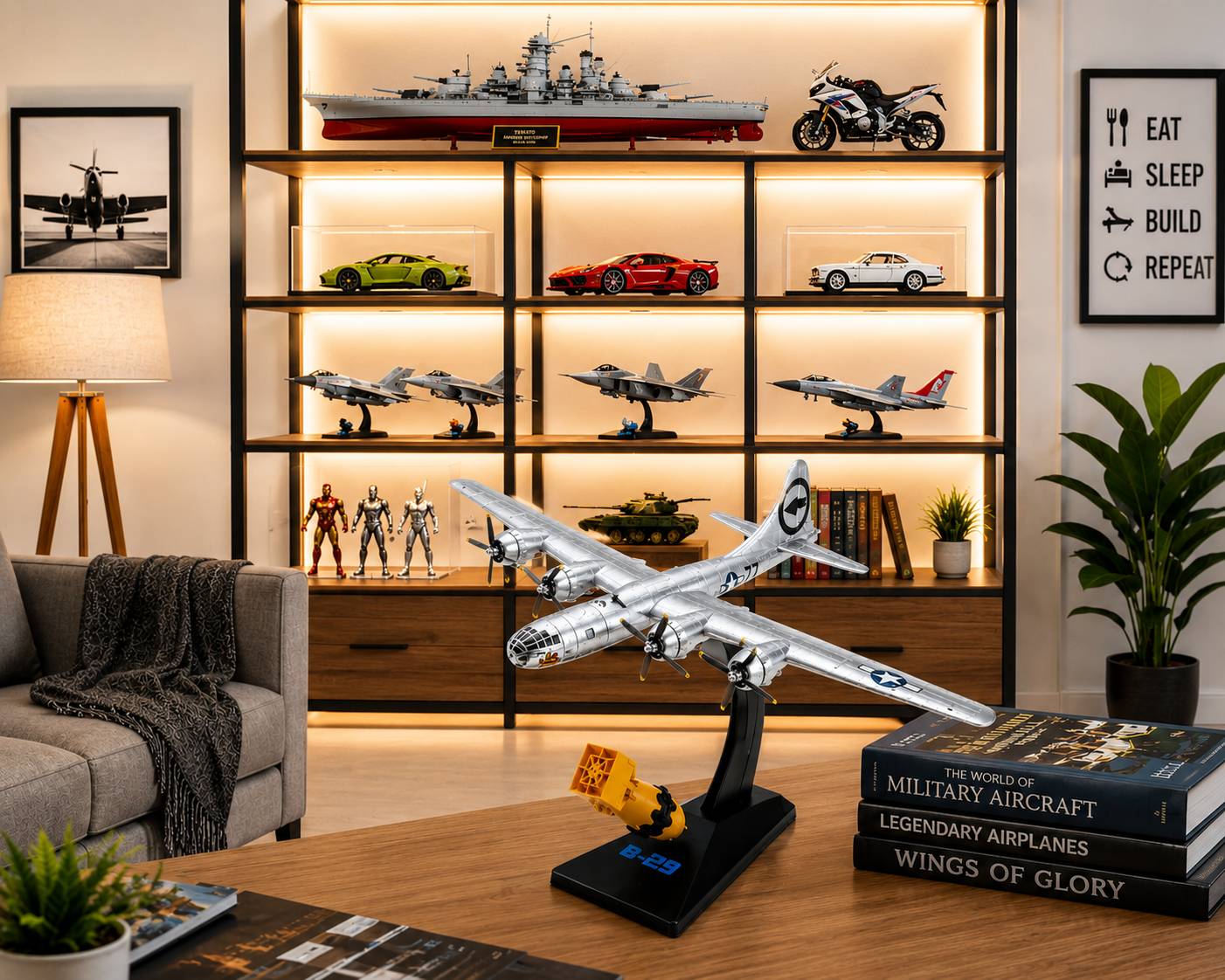 Premium 1:144 Scale B-29 Superfortress Diecast Metal Body Aircraft Model with Display Stand & 1/72 Scale Fat Man Bomb | Military Collectible