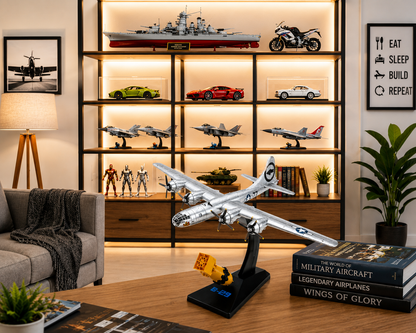 Premium 1:144 Scale B-29 Superfortress Diecast Metal Body Aircraft Model with Display Stand & 1/72 Scale Fat Man Bomb | Military Collectible