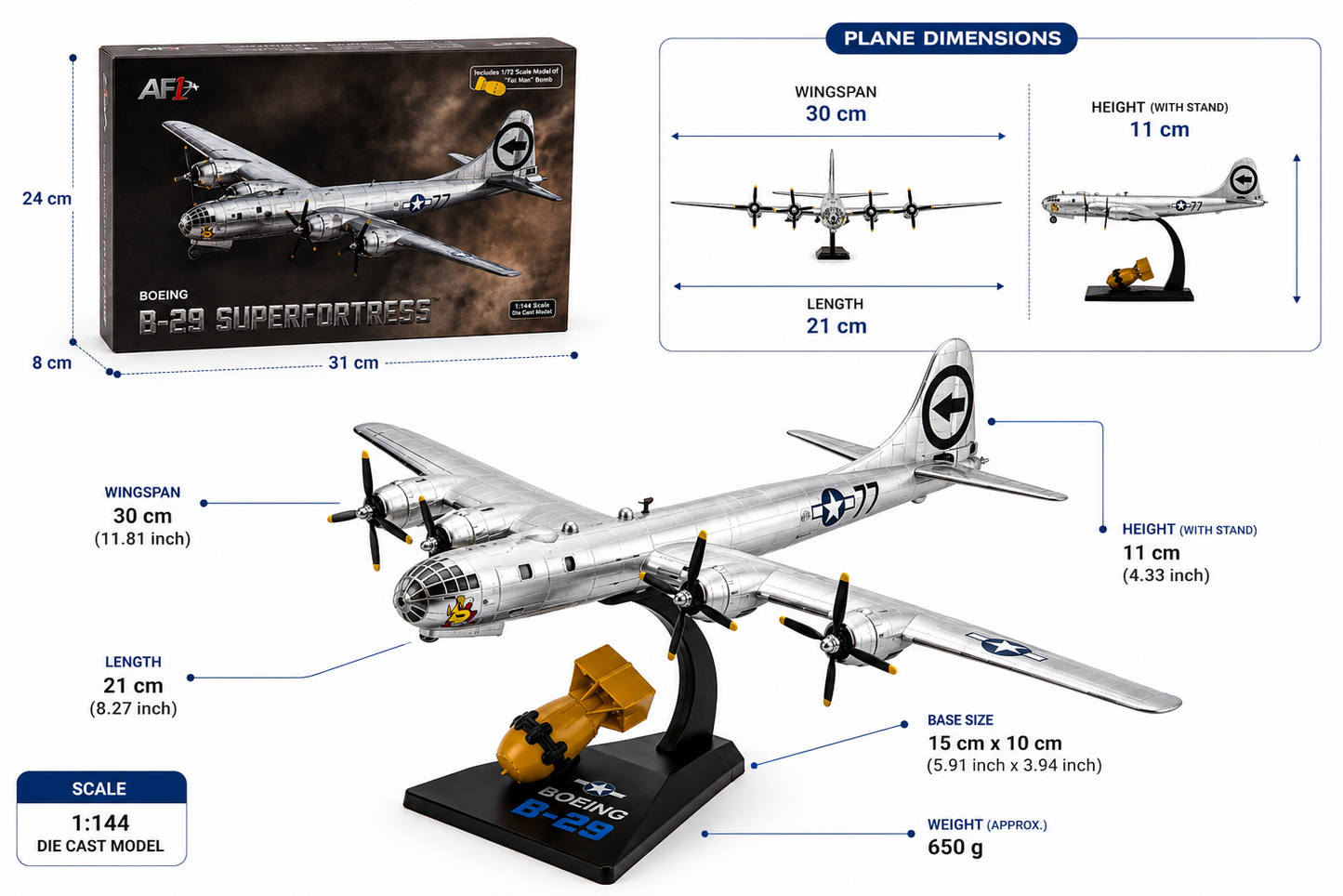 Premium 1:144 Scale B-29 Superfortress Diecast Metal Body Aircraft Model with Display Stand & 1/72 Scale Fat Man Bomb | Military Collectible