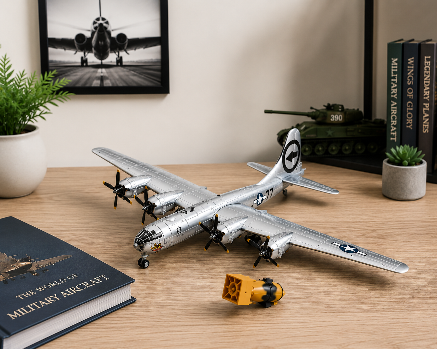 Premium 1:144 Scale B-29 Superfortress Diecast Metal Body Aircraft Model with Display Stand & 1/72 Scale Fat Man Bomb | Military Collectible