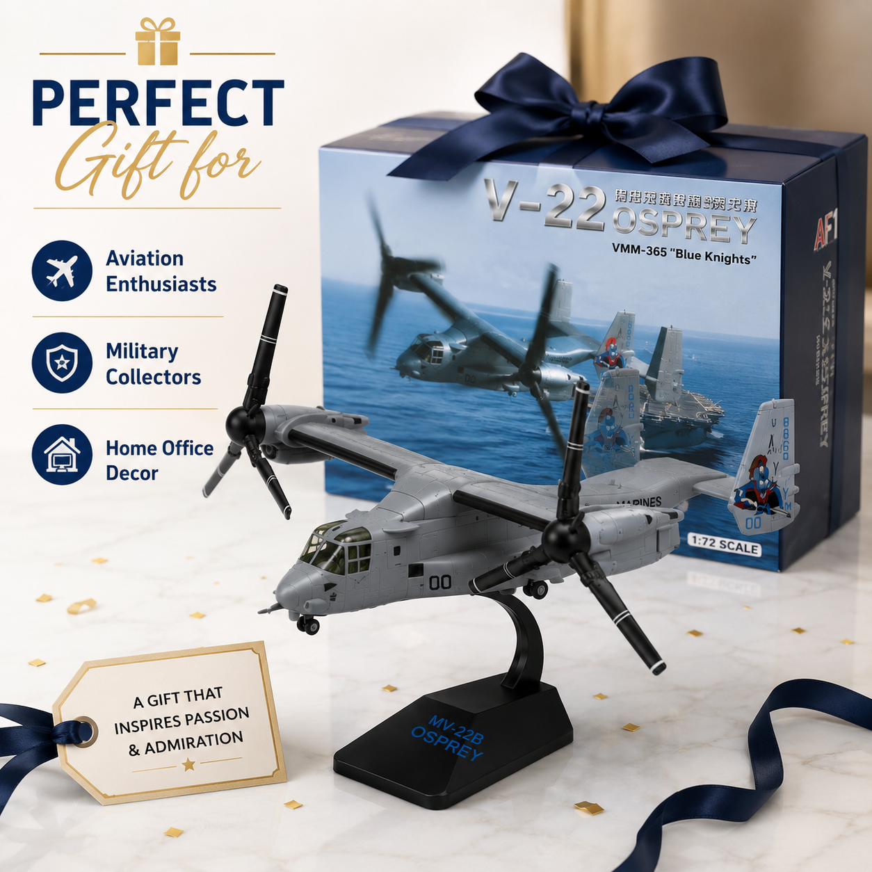 Premium 1:72 Scale V-22B Osprey VMM-365 "Blue Knights" Aircraft Model with Display Stand | Detailed Military Tiltrotor Collectible for Home & Office Decor