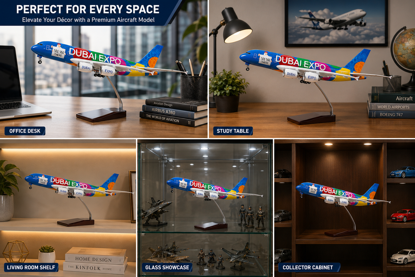 Premium 1:160 Scale Airbus A380 Dubai Expo Aircraft Model with Lights & Landing Gear | 46cm Metal Diecast & Resin Display Airplane with Stand | Aviation Collectible Gift