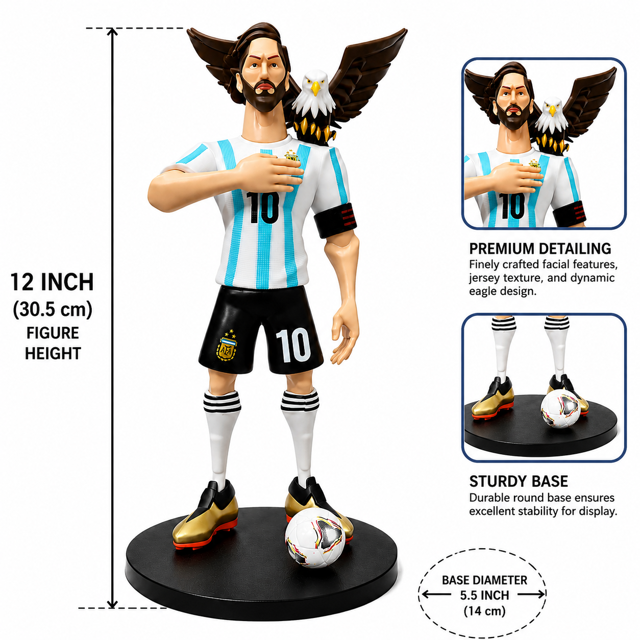 Lionel Messi No. 10 Football Collectible Figure with Eagle, Football & Display Base | Argentina Style Soccer Display Model