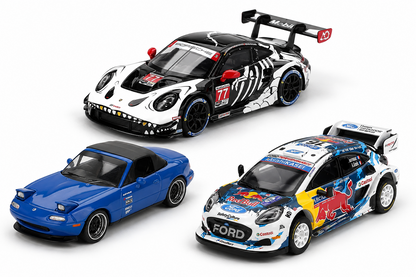 MINI GT 1:64 Porsche 911 GT3 R #77 AO Racing "Skeleton Rexy" | 2025 IMSA Petit Le Mans | Ford Puma Rally1 #13 | Mazda Miata MX-5 (NA) Tuned Version Diecast Model Car Set