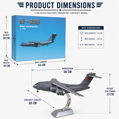 Premium 1:130 Scale Y-20B Strategic Transport Aircraft Model with Display Stand | Metal Diecast Military Cargo Plane Collectible for Home & Office Display