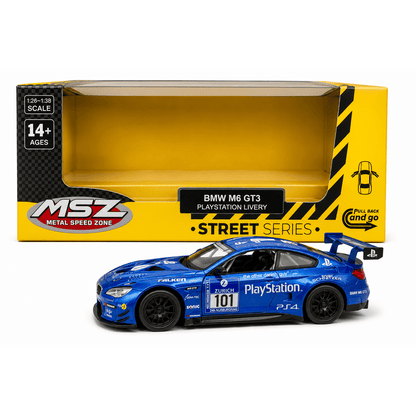 MSZ 1:38 BMW M6 GT3 #101 PlayStation Livery Blue Die-Cast Model Car with Openable Doors & Pull-Back Action