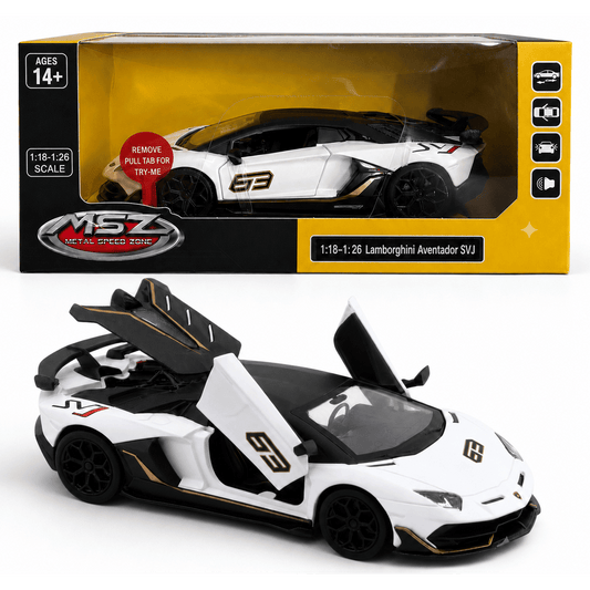MSZ 1:24 Lamborghini Aventador SVJ White Die-Cast Model Car with Lights, Sound, Openable Doors & Pull-Back Action