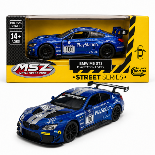 MSZ 1:24 BMW M6 GT3 #101 PlayStation Livery Blue Die-Cast Model Car with Openable Doors & Pull-Back Action