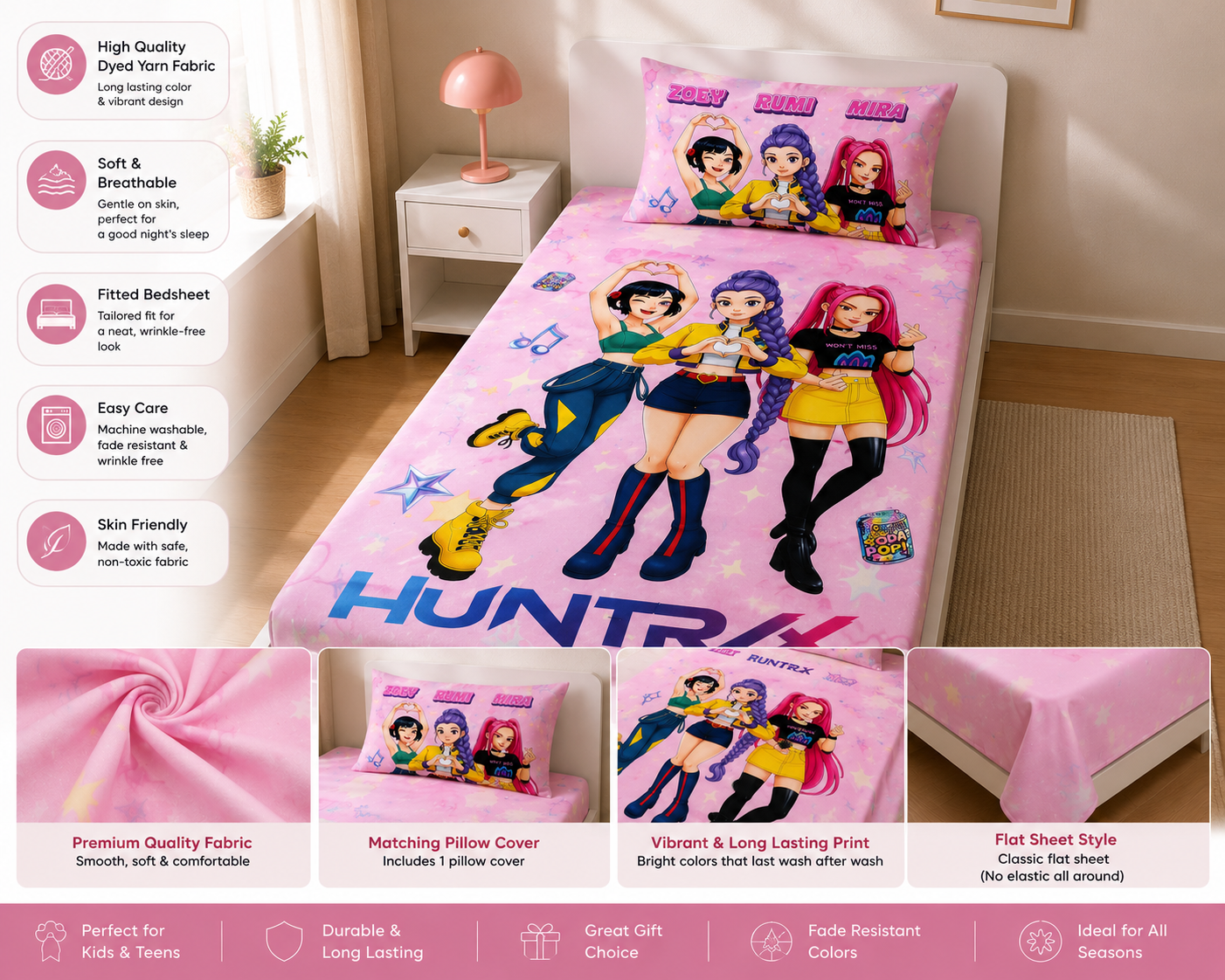 Huntrix Deluxe Character Fitted Bedsheet Set Single | 60 x 90 Inch Soft Microfiber Bedsheet with 1 Pillow Cover | Pink