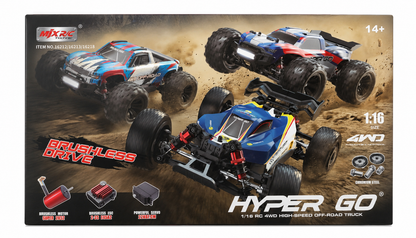 MJX Hyper Go 1:16 Scale 4WD Brushless RC Monster Truck | 2852 Brushless Motor, 45A ESC, 2.2kg Servo, 2.4GHz Ready-to-Run High-Speed Off-Road Remote Control Car