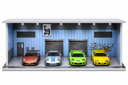 M-COOL Premium 1:64 Scale Double Garage Diorama Display with Industrial Warehouse Scene | Blue Collectible Model Car Display Base