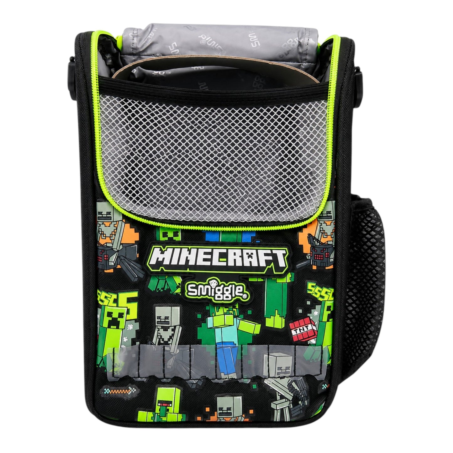 Smiggle Minecraft Double Compartment Insulated Lunch Box with Adjustable Shoulder Strap | Spacious School Lunch Bag for Kids | Black & Green