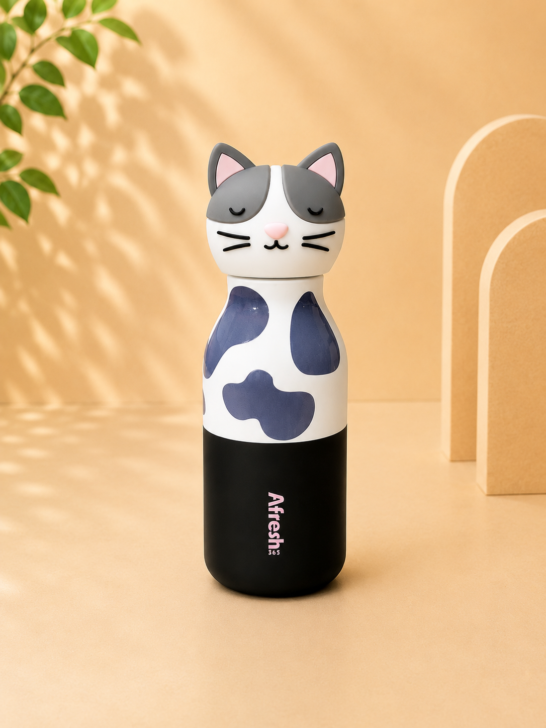 AFRESH 365 Animal Head Collection Cat Stainless Steel Vacuum Insulated Water Bottle 450ml (16oz) with Straw & Cleaning Brush
