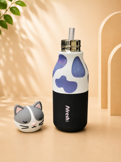 AFRESH 365 Animal Head Collection Cat Stainless Steel Vacuum Insulated Water Bottle 450ml (16oz) with Straw & Cleaning Brush