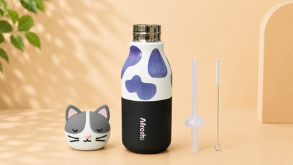 AFRESH 365 Animal Head Collection Cat Stainless Steel Vacuum Insulated Water Bottle 450ml (16oz) with Straw & Cleaning Brush