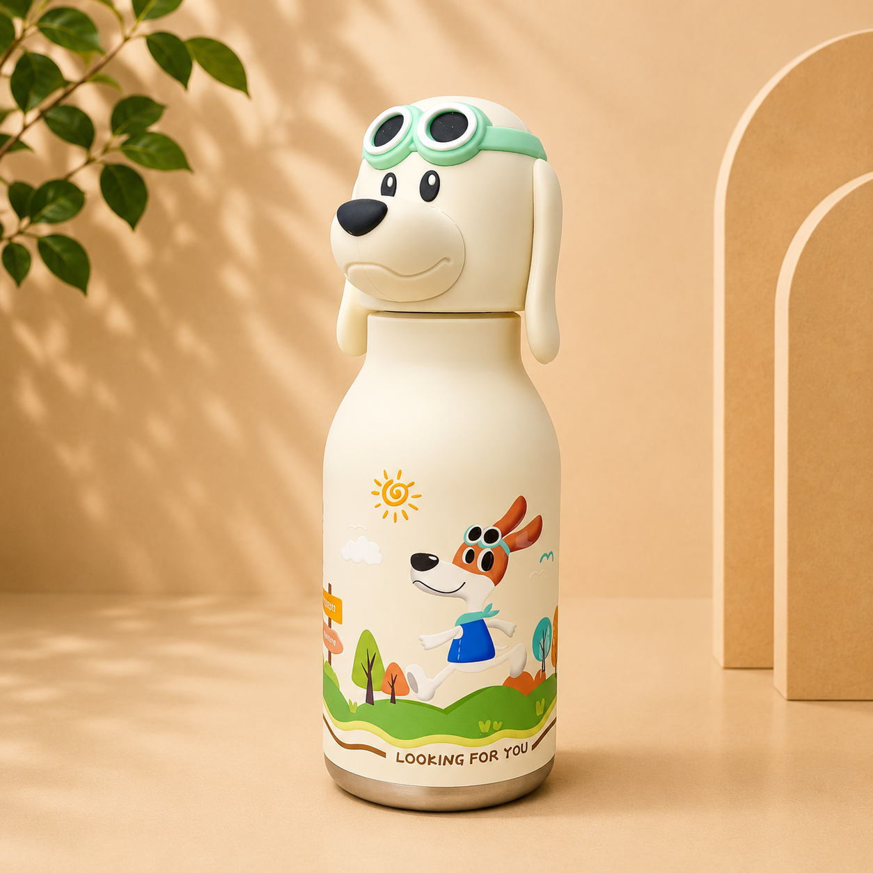 AFRESH 365 Animal Head Collection Puppy Stainless Steel Vacuum Insulated Water Bottle 450ml (16oz) with Straw & Cleaning Brush